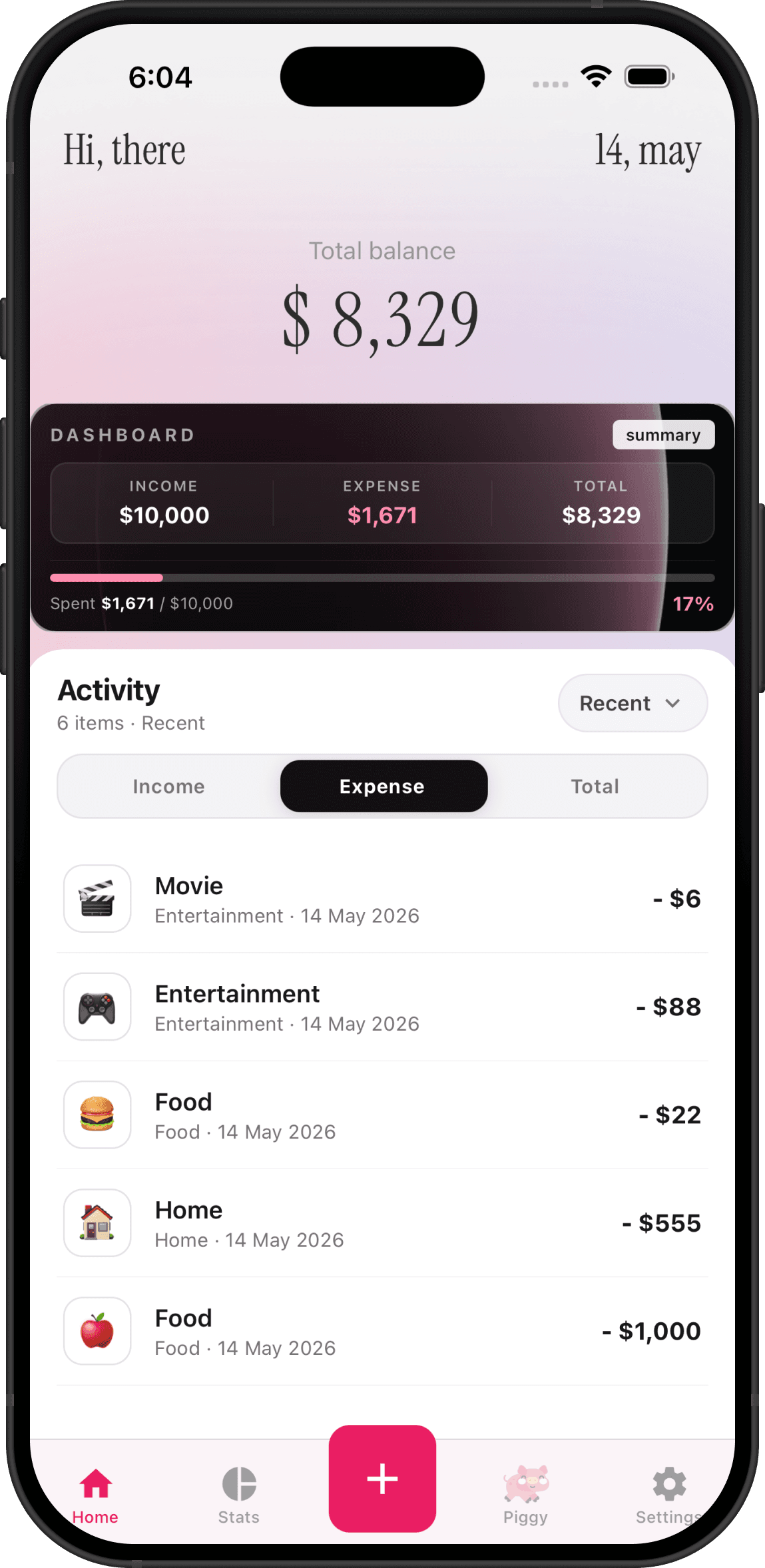 Piggy app dashboard and activity on iPhone