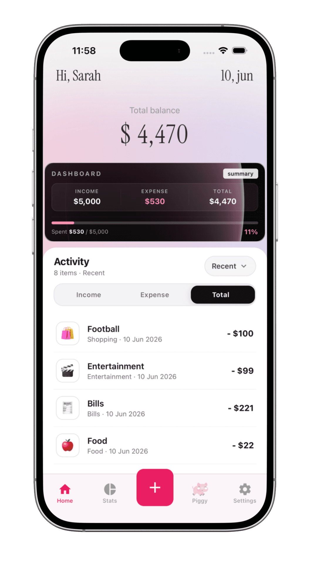 Piggy app dashboard and activity on iPhone